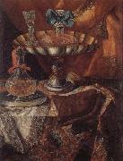 unknow artist Still life of a wine glass and bottle in a parcel gilt tazza together with a glass decanter on a pewter dish upon a draped tabletop Norge oil painting reproduction